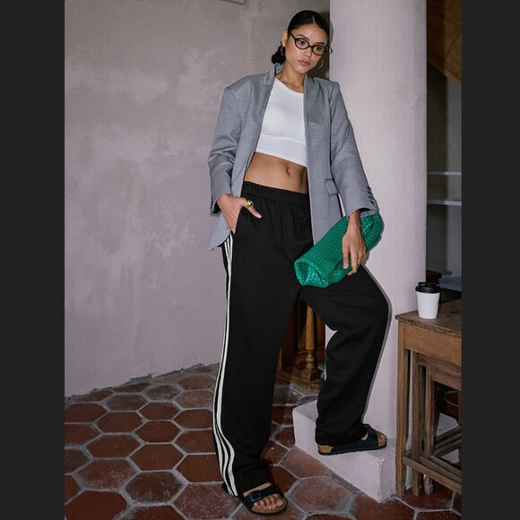Commense Large Black White Stripe Casual Track Pants NEW NWT High Waist - Picture 1 of 1